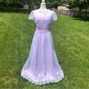 Vintage 60s Leo Amster Lilac Sheer Embroidered Organza Layered Prom Gown
